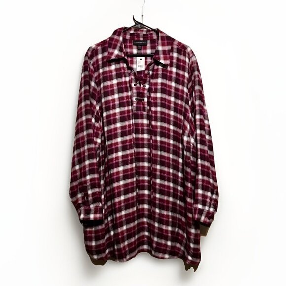 Lane Bryant 22W 24W Purple Pink Rayon Flannel Plaid Lace Up Collar Tunic Top - Picture 1 of 6